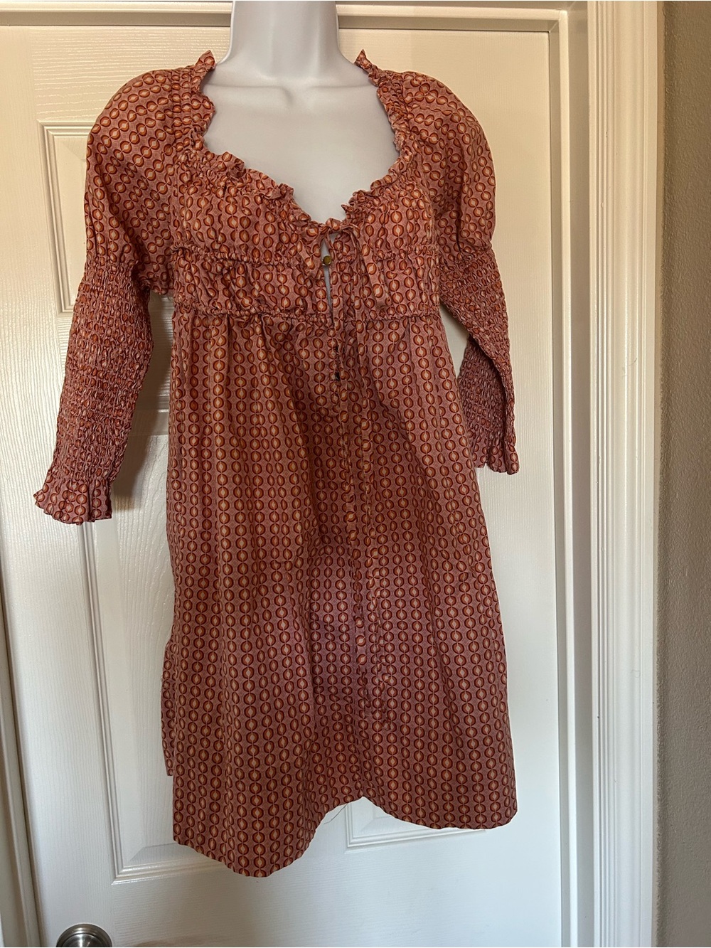 Rust Printed Smocked Babydoll Dress - Women, FP, Sz M